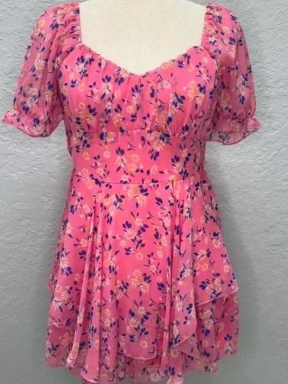 Sweetheart Pink Floral Mini Dress with Flutter Sleeves